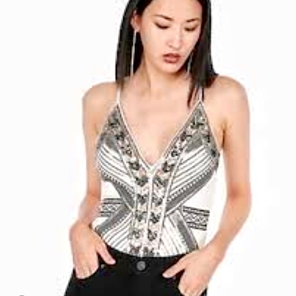 NWT EXPRESS Sequin white Deep V-Neck Thong tank bodysuit holiday women size M